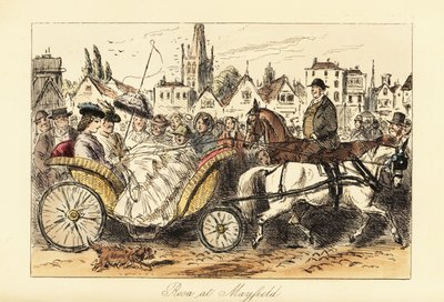Dama inglesa en vestido de crinolina con parasol conduciendo un carruaje de cesta tirado por un pony por las concurridas calles de un pequeño pueblo de John (after) Leech