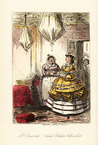 Dama inglesa inspeccionando una habitación elegante con muebles cubiertos y candelabros en globos de tela marrón de John (after) Leech