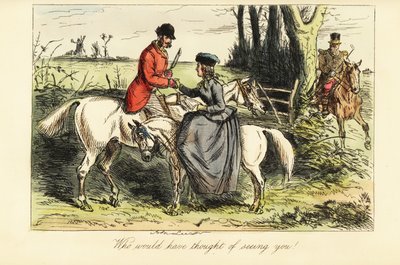 Caballero en un viejo caballo y dama en un pony se encuentran durante una cacería de zorros de John (after) Leech