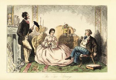 Dama con vestido de crinolina con dos caballeros visitantes en un salón de John (after) Leech