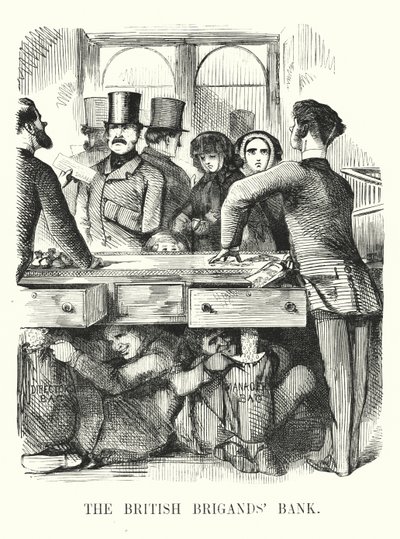 Caricatura de Punch: El banco de los bandidos británicos - corrupción en la banca y el colapso del Royal British Bank (grabado) de John (after) Leech