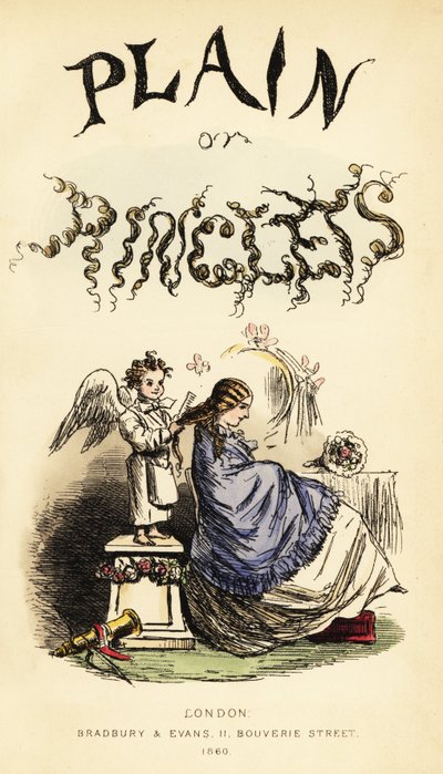 Página de título con título caligráfico y viñeta de querubín alado peluquero cepillando el cabello de una niña con un peine de John (after) Leech