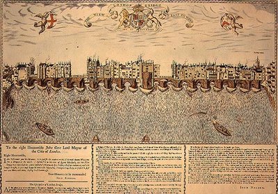 Vista del Puente de Londres de Este a Oeste, reimpresión de un grabado de 1624 de John (after) Norden