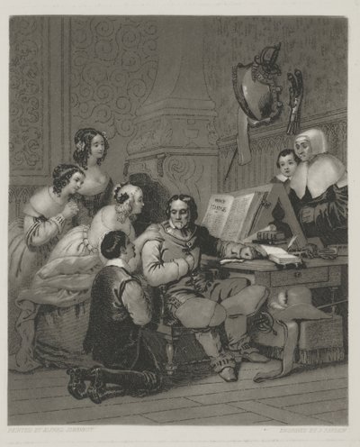 La familia de Cromwell intercediendo por la vida de Carlos I, grabado por Alfred Johannot de John (after) Sartain