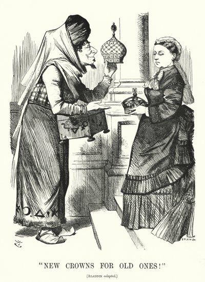 Caricatura de Punch: Nuevas Coronas por Viejas. Benjamin Disraeli (como Aladino) con la Reina Victoria - el Acta de Títulos Reales de 1876 reconociendo a la Reina como Emperatriz de la India (grabado) de John (after) Tenniel