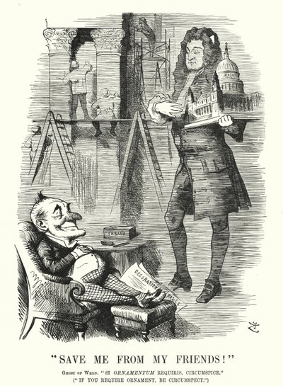 Caricatura de Punch: Sálvame de Mis Amigos - el fantasma de Sir Christopher Wren y la decoración de la Catedral de San Pablo, Londres (grabado) de John (after) Tenniel