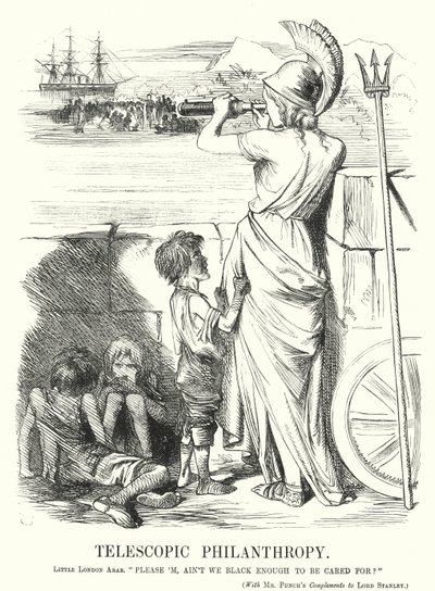 Caricatura de Punch: Filantropía telescópica - la preocupación de la clase media victoriana por la ayuda a los pobres en el extranjero en lugar de en casa de John (after) Tenniel