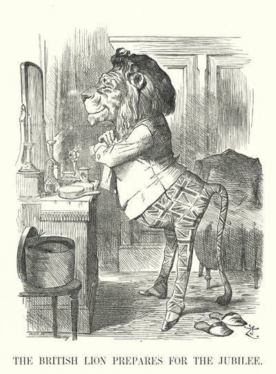 Caricatura de Punch: El león británico se prepara para el jubileo - Jubileo de Oro de la Reina Victoria de John (after) Tenniel
