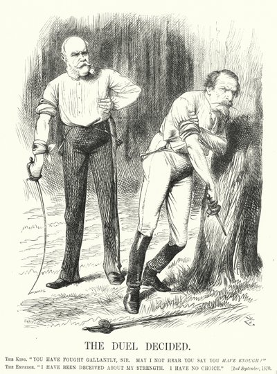 Caricatura de Punch: El duelo decidido - la derrota de Francia en la guerra franco-prusiana de John (after) Tenniel