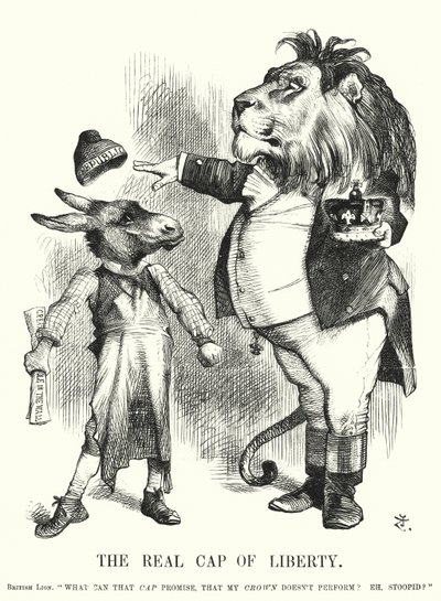 Caricatura de Punch: El Verdadero Gorro de la Libertad - la superioridad de la monarquía constitucional británica sobre el republicanismo de John (after) Tenniel