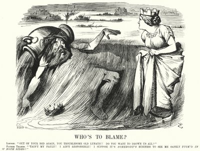 Caricatura de Punch: ¿Quién Tiene la Culpa? - llamados a tomar medidas para prevenir inundaciones del Támesis en Londres (grabado) de John (after) Tenniel