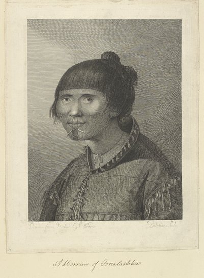 Una mujer de Oonalashka. Dibujo del natural realizado por J. Webber y grabado por Jean-Marie Delatre. Lleva un abrigo ceñido de piel de foca de cuyas costuras cuelgan cuentas colgantes. Se de John (after) Webber
