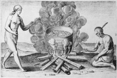 Cocinando en una olla, grabado por Gysbert van Veen (1562-1628) de John (after) White