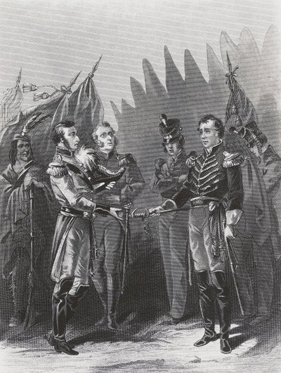 Rendición del general estadounidense William Hull a las tropas británicas y guerreros nativos americanos en Detroit, 15 de julio de Walter Charles Mills