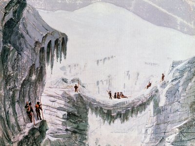 Escalando el Mont Blanc, escaladores suspendidos de una grieta, acuarela, Francia de Walter Charles Mills