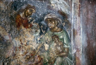 Fresco de la Sagrada Familia, iglesia bizantina de Ayios Stephanos, Drakona, Creta, Grecia de Walter Charles Mills