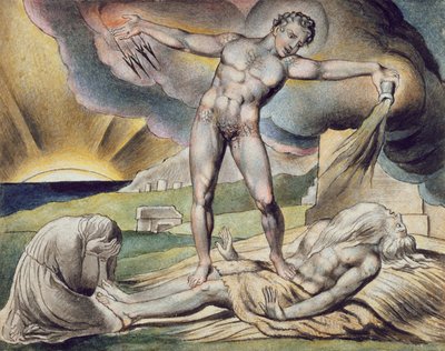 Satanás hiriendo a Job con forúnculos, página 6 de "Ilustraciones del Libro de Job", según William Blake (1757-1827) c.1823 (pluma y tinta con aguada sobre papel) de John (circle of) Linnell