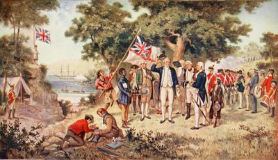 El capitán Cook tomando posesión de Nueva Gales del Sur, 1770, ilustración de 