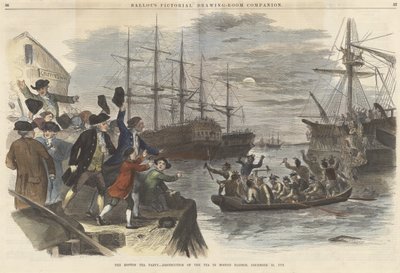 La fiesta del té de Boston - Destrucción del té en el puerto de Boston, 16 de diciembre de 1773, de Ballous Pictorial Drawing-Room Companion, pub. 1865 de John Andrew