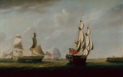 Dos bergantines ingleses frente a Whitby con otros barcos más allá (óleo sobre lienzo) de John Askew