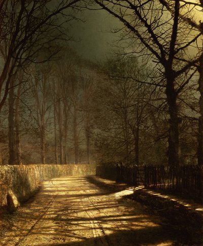 Un camino iluminado por la luna. Dos amantes en una puerta de John Atkinson Grimshaw