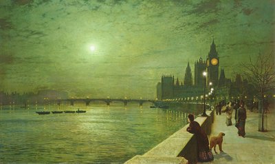 Reflejos de luz en el Támesis en Westminster de John Atkinson Grimshaw