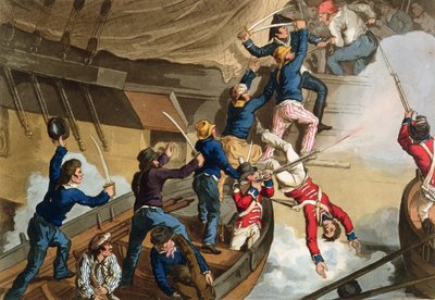 Marineros Británicos Abordando un Buque de Guerra, grabado por Fry y Sutherland, de 