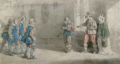 Petruchio, Katarina y sirvientes en una escena de 