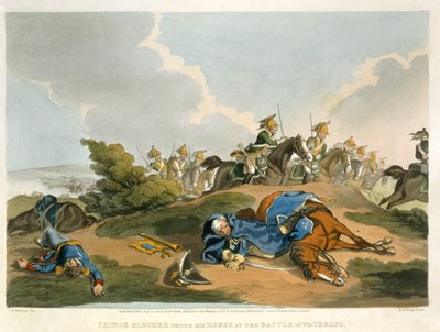 El príncipe Blucher bajo su caballo en la batalla de Waterloo, grabado por Matthew Dubourg de 