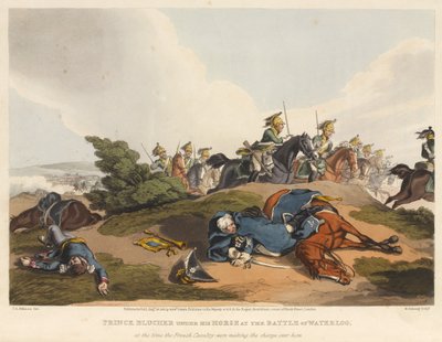 El príncipe Blucher bajo su caballo en la batalla de Waterloo, en el momento en que la caballería francesa estaba cargando sobre él, grabado por M. Dubourg, 1819 de John Augustus Atkinson