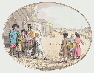 Escena de Aldea Rusa, principios del siglo XIX (grabado coloreado a mano) de John Augustus Atkinson