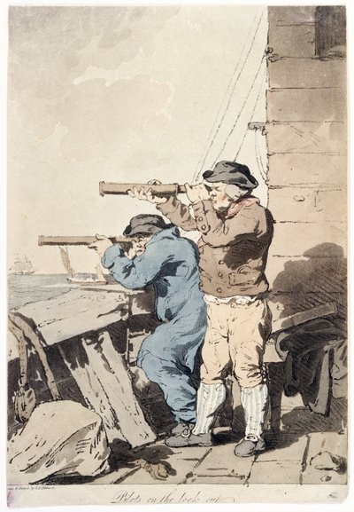 Dos pilotos en vigilancia, cada uno llevando su propio telescopio (vista larga), apuntando al mar, desde la plataforma de un edificio fortificado de John Augustus Atkinson