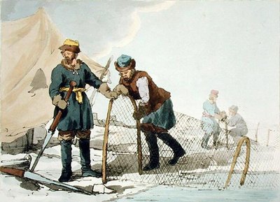Pesca de invierno, grabado por el artista, publicado en 1804 (litografía en color) de John Augustus Atkinson