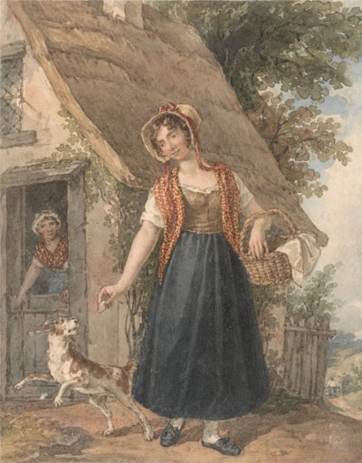 Mujer joven con perro en la puerta de una casa de campo de John Augustus Atkinson
