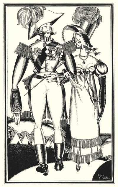 Ilustración para Don Juan de Lord Byron: Medallas, Rango, Cintas, Encaje, Bordado, Escarlata (litografía) de John Austen