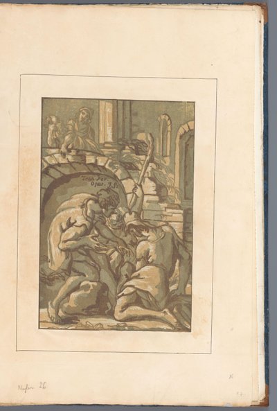 Tres figuras cerca de un arco Amicis suis necnon unicuique (...) (título de serie sobre objeto) de John B. Skippe