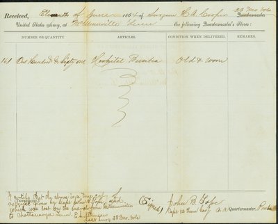 Copia contemporánea del recibo de las tiendas del Cuartel Maestre, original firmado por John B. Tope, Capitán, 12th Tennessee Cavalry, 11 de junio de 1864 de John B. Tope