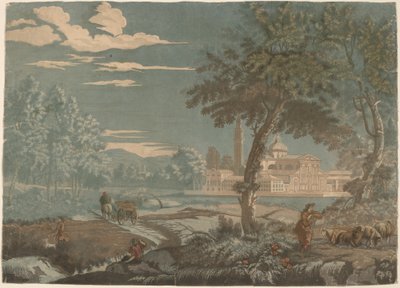 Paisaje heroico con carro y cabrero, con San Giorgio Maggiore en el fondo de John Baptist Jackson after Marco Ricci