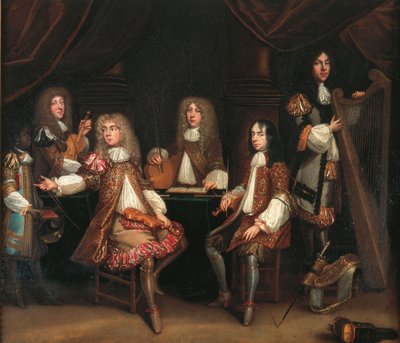 La Cámara Carmesí, grupo de retratos de caballeros con instrumentos musicales, tradicionalmente dicho para representar al Ministerio Cabal del Rey Carlos II de John Baptist de Medina