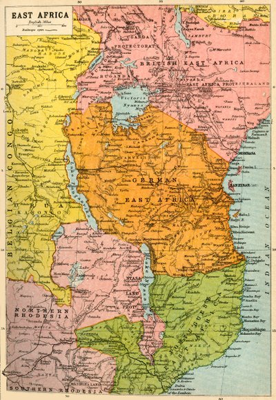 Mapa de África Oriental, Primera Guerra Mundial, c. 1920 de John Bartholomew and Son