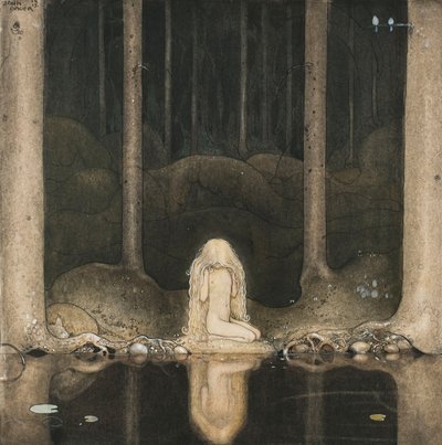 La princesa Tuvstarr sigue sentada allí mirando melancólicamente al agua, 1913 de John Bauer