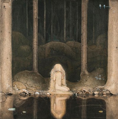 La princesa Tuvstarr mirando el agua del lago con nostalgia de John Bauer