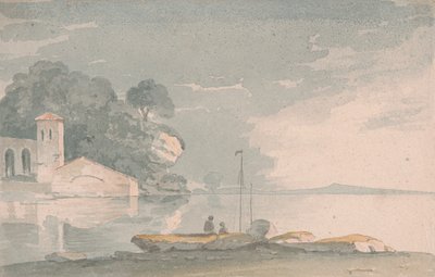 Barco y figuras a orillas de un lago de John Baverstock Knight