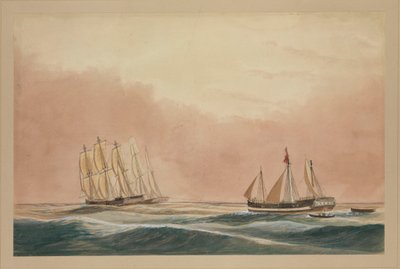 El "Futty Satam" remolcado a Mauricio por la barca "Otter" y el barco "City of Poona" 1851, c.1851 (acuarela) de John Becket Hodgson