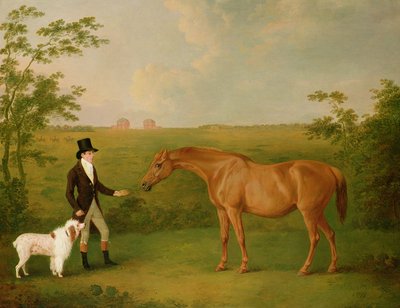 Un caballero con un perro blanco y una yegua castaña en un paisaje de John Boultbee