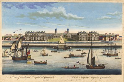 Vista del Hospital Real de Greenwich, hacia 1770 (aguafuerte coloreado) de John Bowles