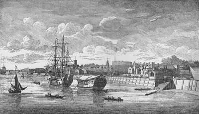 Astillero de Woolwich desde el Támesis, c. 1750 de John Boydell