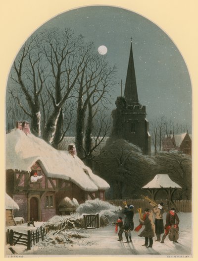Escena navideña victoriana con banda tocando en la nieve de John Brandard