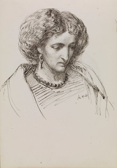 Retrato de cabeza y hombros de mujer con los ojos bajos de John Brett