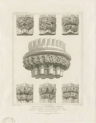 Interior de la Catedral de Lichfield - Pilar Agrupado en la Sala Capitular y Soportes en la Capilla de la Virgen: grabado, s.f. [c. 1819] de John Britton